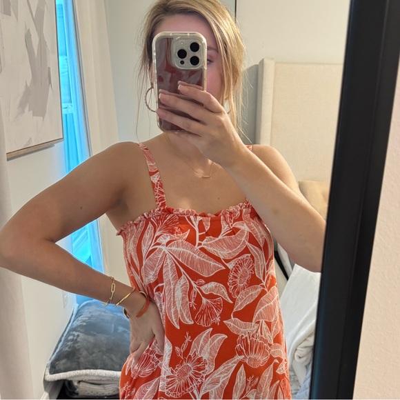 Resort Style Tropical Floral Vacation Orange & White Maxi Dress - Picture 3 of 14
